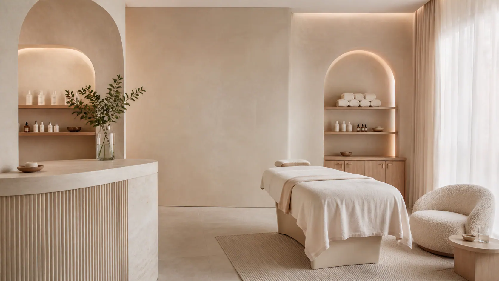 Salón de estética beige, moderno y minimalista